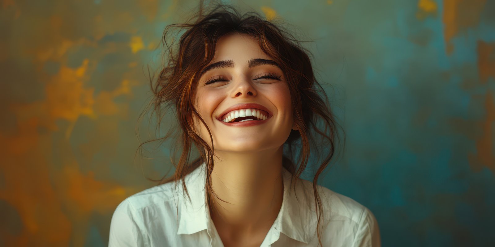 Smiling young woman with curly hair enjoying a moment against a colorful backdrop in a bright indoor setting